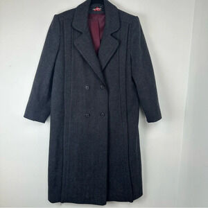 Alorna Women’s Wool Long Coat Size Petite Large Gray Herringbone Double Breasted